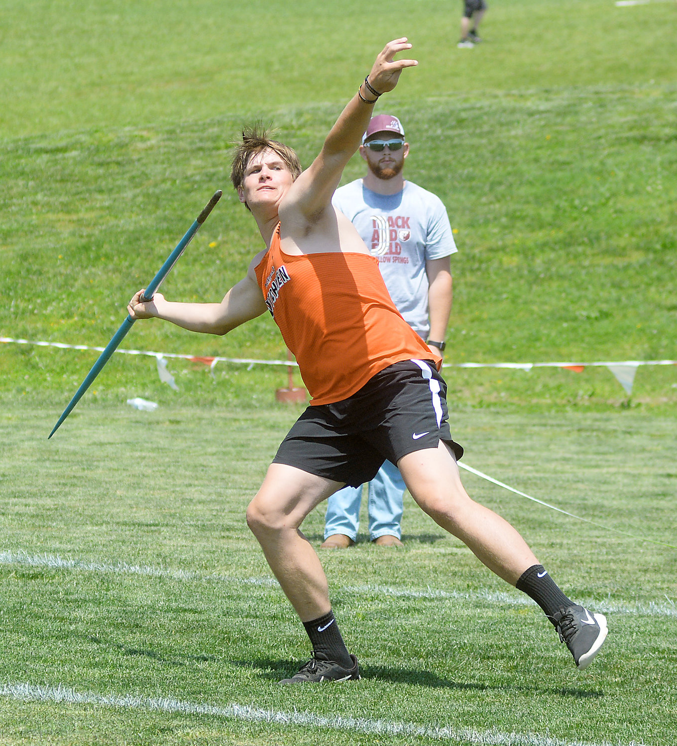 Garrett Crosby lets one of his six throws fly in the boys javelin during Saturday’s Missouri State High School Activities Association (MSHSAA) Class 3, District 5 track meet at West Plains High School in southwest Missouri. Crosby went on to win a district title.